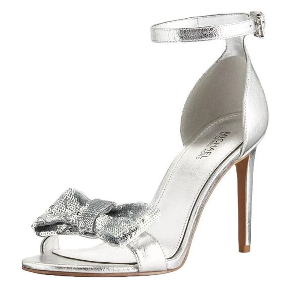 Michael Kors Paris Leather Stiletto Heels Womens 7‎ Silver Metallic Bow Designer - Picture 3 of 13